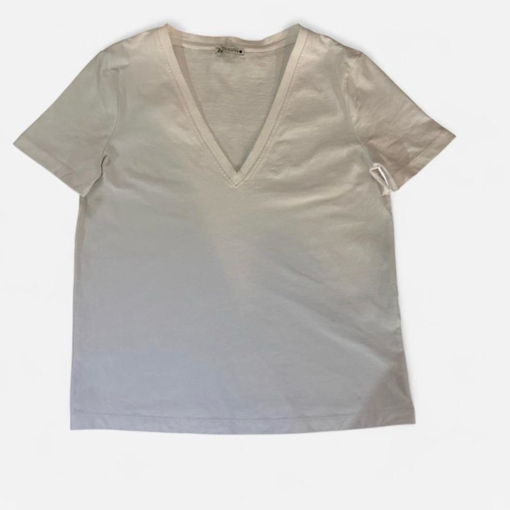 Zara White V-Neck Short Sleeve Tee